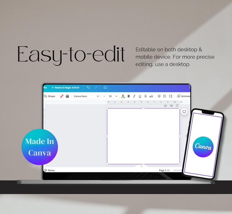 May include: A laptop and a smartphone displaying the Canva interface with a blank white canvas. Text reads: Easy-to-edit. Editable on both desktop & mobile device. For more precise editing, use a desktop. A circular badge reads: Made In Canva.