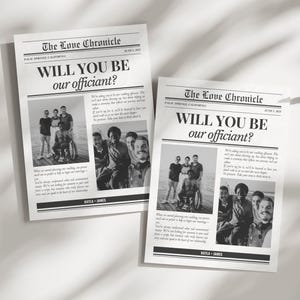 Demander une carte à un célébrant pour une proposition d'officiant de mariage Modèle de journal Boîte pour propositions d'officiant Carte avec deux photos Nous épouserez-vous Soyez notre célébrant