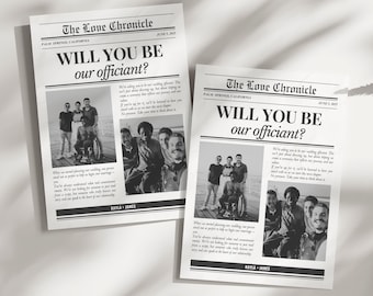 Puede incluir: Tarjeta de invitación de boda en blanco y negro estilo periódico con el texto "¿Quieres ser nuestro oficiante?" y una foto de un grupo de personas. La invitación es para una boda y está dirigida a Kayla y James.