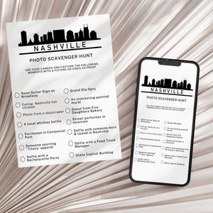 Druckbare Stadt Schnitzeljagd, Nashville Schnitzeljagd-Spiel, Nashville Junggesellinnenparty, minimalistisch, Foto Schnitzeljagd, digitale Jagd