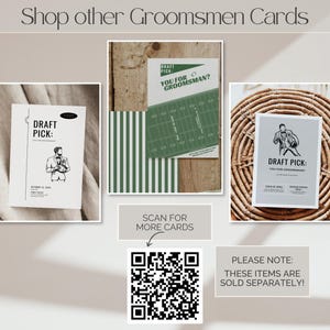 May include: Three rectangular cards featuring groomsmen proposal designs. One card is white with a black illustration of a person in a suit, another is green with a football field graphic, and the third is light gray with a black illustration.