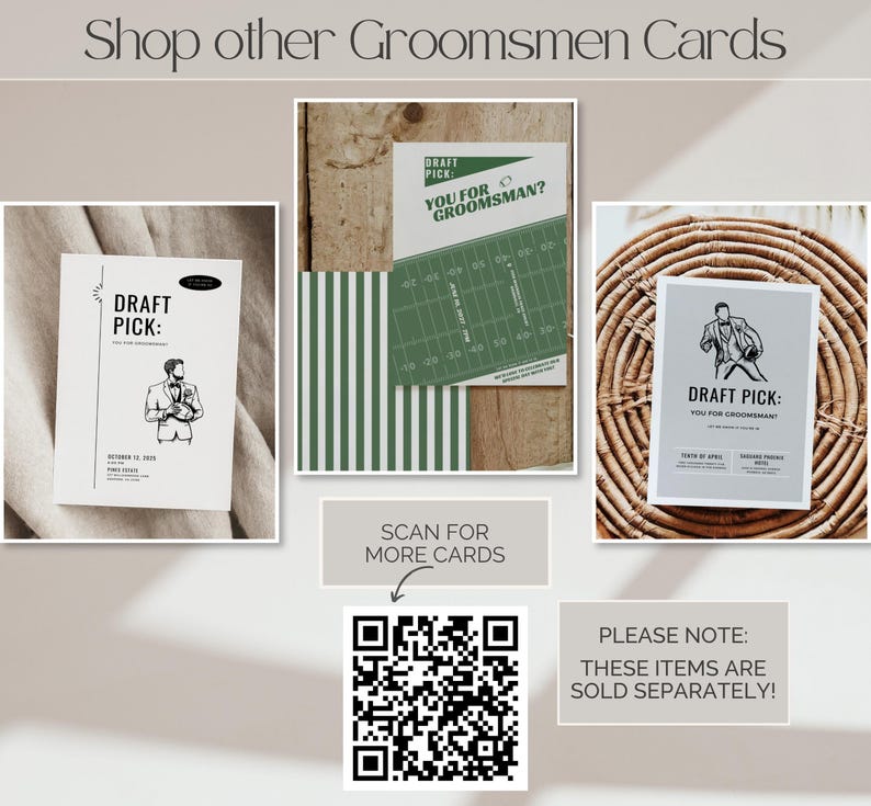 May include: Three rectangular cards featuring groomsmen proposal designs. One card is white with a black illustration of a person in a suit, another is green with a football field graphic, and the third is light gray with a black illustration.