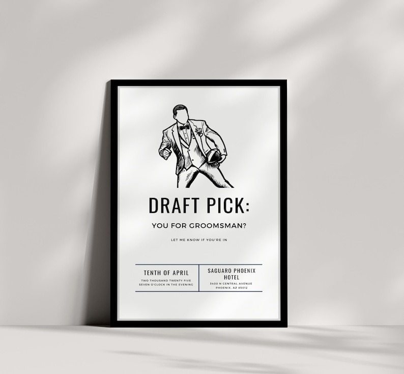 A draft pick themed groomsman proposal card. this ask groomsman gift is football themed. editable and printable. perfect for asking best man. modern minimalist theme