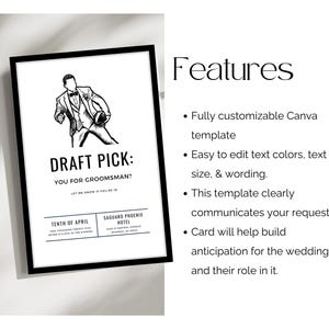 May include: A white rectangular card with a black border featuring a line drawing of a person in a tuxedo holding a football. Text reads DRAFT PICK: YOU FOR GROOMSMAN? TENTH OF APRIL, SAGUARO PHOENIX HOTEL, and additional event details.