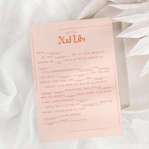 Mad Libs de boda para invitados Juego de despedida de soltera Juego de recepción de boda rosa Mad Libs Consejos de boda Carta de amor Plantilla de Mad Libs editable