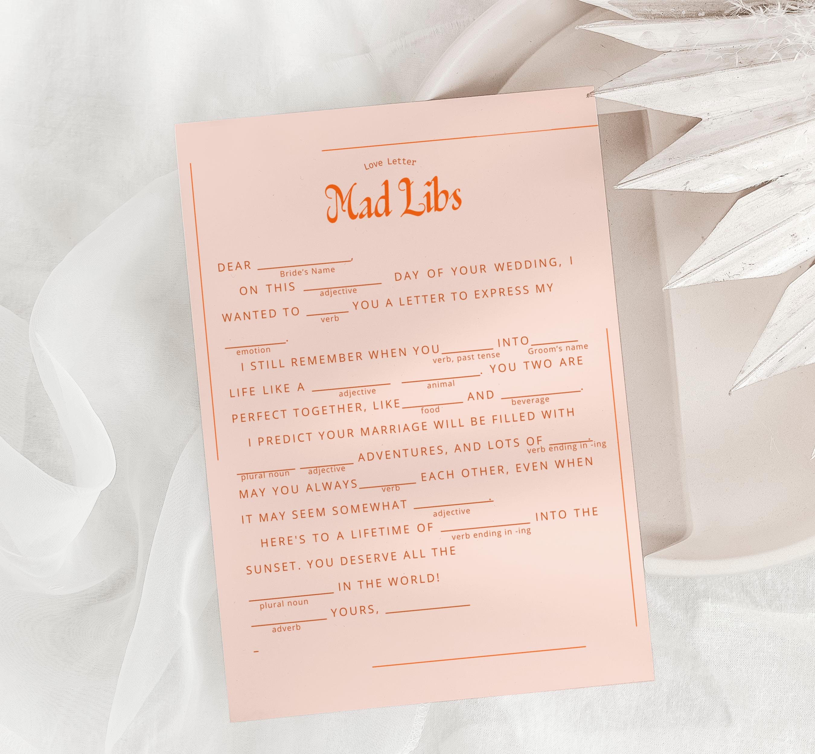 Wedding Mad Libs for Guests Bridal Shower Game Pink Wedding Reception ...