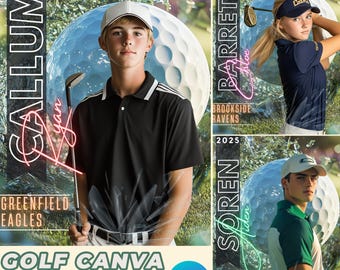 May include: A golf-themed Canva template with a green, white, and black color scheme. The template features a large golf ball with a player's name and year in neon pink text. The template also includes the player's name, school name, and team name in black text.