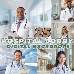 May include: A collage of 25 digital backdrops featuring hospital lobby scenes. The backdrops are ideal for use in virtual meetings, online events, and photo shoots. The backdrops feature a variety of hospital lobby settings, including waiting areas, reception desks, and hallways.