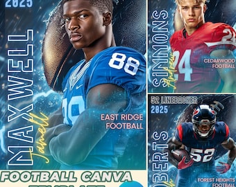 May include: Three football player profile templates with blue, red, and black backgrounds. The templates feature the player's name, jersey number, position, and school name. The text "FOOTBALL CANVA TEMPLATE" is at the bottom of the image.