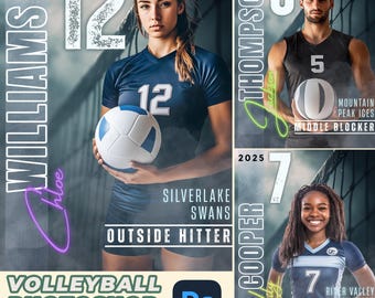 Puede incluir: Una plantilla de Photoshop de voleibol con tres diseños diferentes. Cada diseño presenta a un jugador de voleibol con su nombre, número y posición. El texto "2025" está incluido en cada diseño.