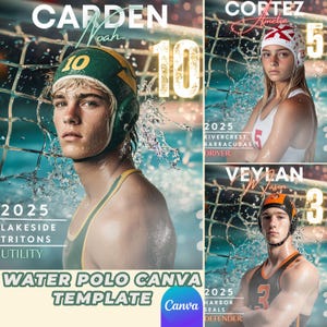 Puede incluir: Tres jugadores de waterpolo en acción. Los jugadores llevan gorros de baño y camisetas con sus nombres y números. La imagen incluye el texto "CARDEN Noah 10", "CORTEZ Amelia 5" y "VEYLAN Mason 3".