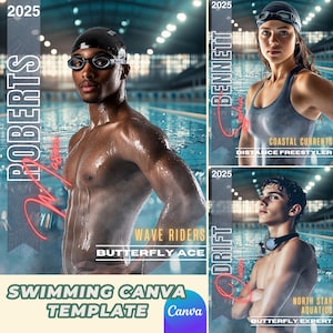 May include: A swimming Canva template featuring three athletes in a pool setting. The template includes the text "ROBERTS", "BENNETT", and "DRIFT", along with "WAVE RIDERS", "COASTAL CURRENTS", and "NORTH STAR AQUATICS". The template also includes the text "BUTTERFLY ACE" and "BUTTERFLY EXPERT".
