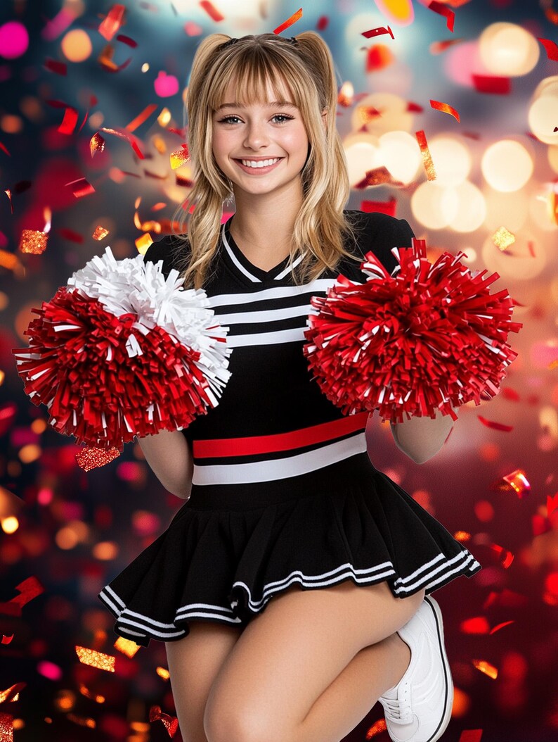 May include: A young woman in a black and white cheerleading uniform with red accents holds two red and white pom-poms. She is smiling and kneeling with a red and gold confetti background.