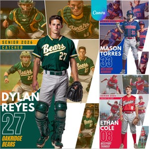 Puede incluir: Un collage con jugadores de béisbol con sus uniformes. La imagen principal muestra a un jugador con una camiseta verde y blanca de los Bears, número 27, con equipo de receptor. Otras imágenes muestran jugadores con uniformes de Warriors y Thunder.