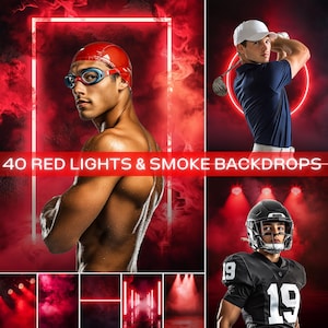 May include: A collage of three images featuring athletes in red lighting and smoke backdrops. The first image shows a swimmer wearing a red swim cap and goggles. The second image shows a golfer wearing a white cap and a blue shirt. The third image shows a football player wearing a black helmet and jersey. The text "40 RED LIGHTS & SMOKE BACKDROPS" is displayed across the middle of the collage.