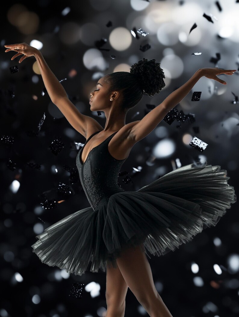 May include: A black ballerina in a black tutu with a black background. Confetti falls around her as she dances.