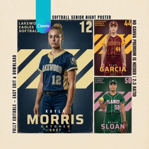 May include: Softball senior night poster featuring three players in their team uniforms. The poster includes the text "Lakewood Eagles Softball", "Oakwood Knights Softball", and "Phoenix Flames Softball". The poster also includes the text "Fully Editable - Easy Edit & Download".