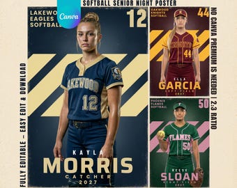 Softball Senior Poster Modern Diagonal Template, Editable Canva Varsity Banner, Softball Team Sports Wall Decor