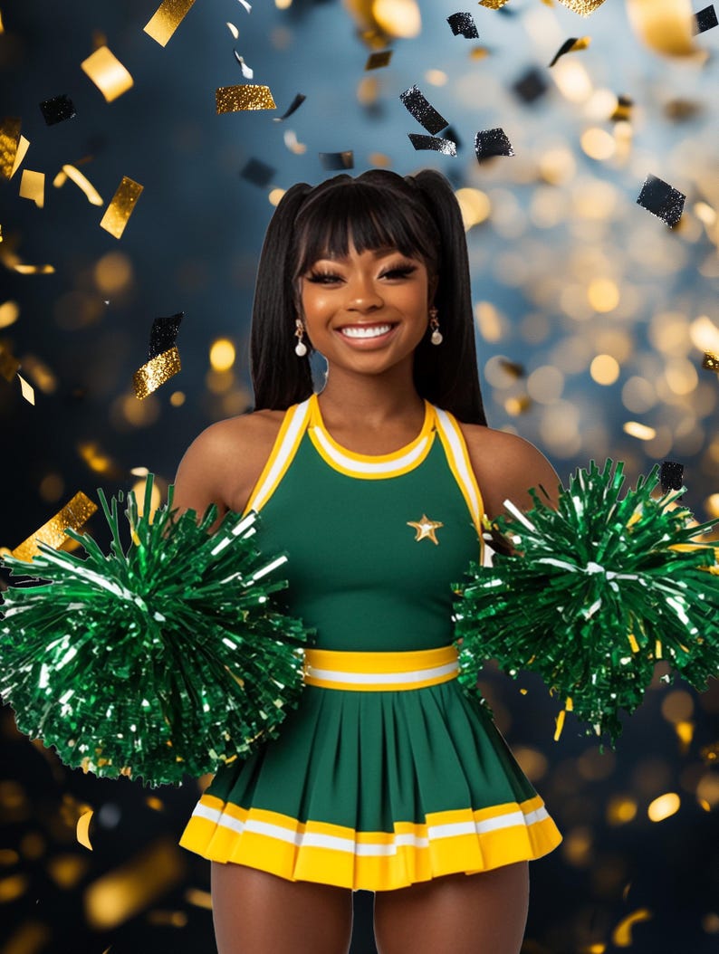May include: A woman wearing a green and yellow cheerleading uniform with a star on the chest. She is holding two green pom-poms and smiling at the camera. There is confetti falling in the background.