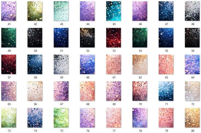 May include: A collection of 80 digital backgrounds featuring various colors and patterns of glitter. The backgrounds are perfect for adding a touch of sparkle to your digital projects.