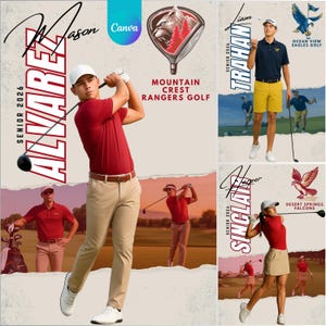 Può includere: Un collage di immagini a tema golf con studenti atleti. L'immagine principale mostra un giovane con una camicia rossa e pantaloni color cachi che fa oscillare una mazza da golf. Il testo include "Mason Alvarez, Senior 2026" e "Mountain Crest Rangers Golf."