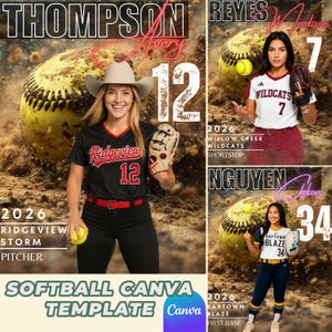 May include: Softball Canva template featuring three athletes in their team uniforms. The template includes the text "Thompson Avery 12", "Reyes Madison 7", and "Nguyen Chloe 34". The template also includes the text "Softball Canva Template Canva".