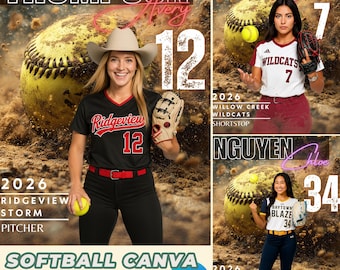 Modello Canva per softball con sabbia esplosiva / Poster personalizzato per senior, banner sportivo modificabile 3:4 per design di squadre, atleti e compagni di memoria