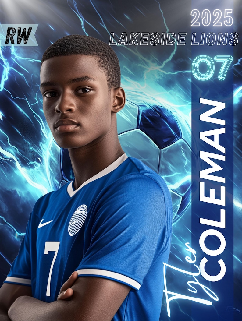 May include: A portrait of a young man in a blue soccer jersey with the number 7. The jersey has white accents and a team logo. The background features a soccer ball and text that reads "2025 Lakeside Lions 07 Tyler Coleman."