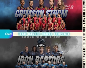 Könnte beinhalten: Eine Canva-Team-Banner-Vorlage mit zwei Highschool-Sportteams. Das Basketballteam Crimson Storm trägt rote Uniformen. Das Footballteam Iron Raptors trägt blau-graue Uniformen. Der Text enthält "Built to Rise. Trained to Storm" und "Forged to Fight. Built to Win."