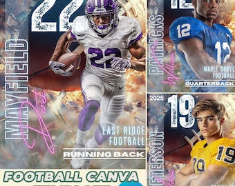 Könnte beinhalten: Drei Football-Spieler-Profilvorlagen mit weißem Hintergrund und einer schwarzen und weißen Grunge-Schriftart. Der Text enthält den Namen des Spielers, die Trikotnummer, das Jahr, die Position und den Teamnamen. Die Vorlagen sind für die Verwendung in Canva konzipiert.