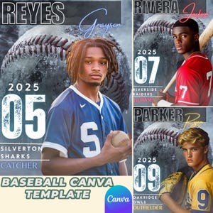 May include: Baseball Canva Template with three different designs featuring baseball players in their uniforms. The designs include the player's name, jersey number, team name, and position. The template is designed for use with Canva.