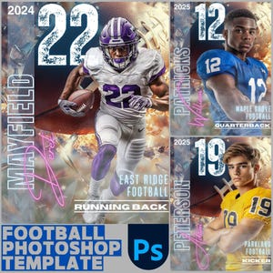 May include: A football Photoshop template featuring a player in a purple and white uniform with the number 22. The template includes three additional players, the text "FOOTBALL PHOTOSHOP TEMPLATE", and the Adobe Photoshop logo.