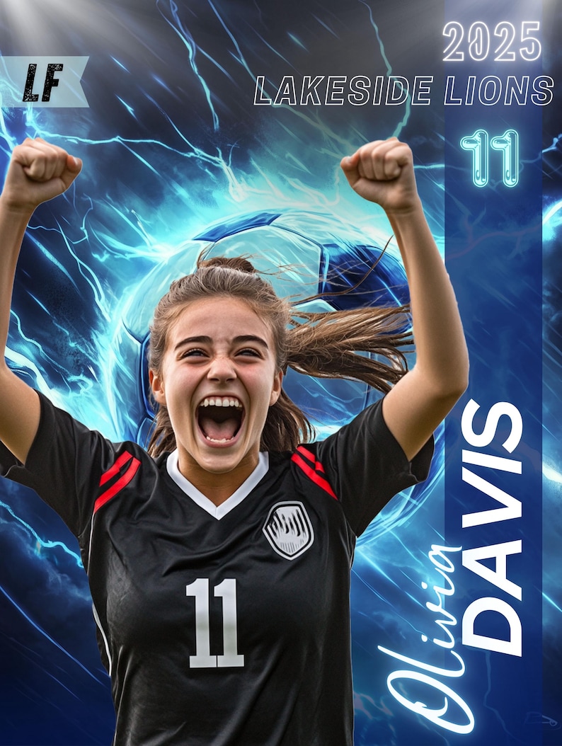 May include: A young person in a black soccer jersey with the number 11, arms raised in celebration. The jersey has red accents and a white collar. The background features a soccer ball and text that reads "2025 Lakeside Lions" and "Olivia Davis".