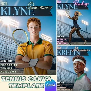 May include: Tennis Canva Template with a blue, green, and white background. The template features a tennis net, lights, and a player holding a tennis racket. The text "TENNIS CANVA TEMPLATE" is in the bottom center of the image. The text "Canva" is in the bottom right corner of the image.