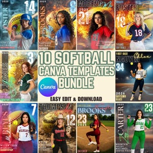 May include: A bundle of 10 softball Canva templates. Each template features a player with their team name, number, and position. The templates have a dynamic design with a softball and a background that varies in colour.
