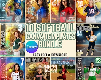Pacchetto di 10 modelli Canva per softball: poster per la serata degli anziani, schede dei giocatori (è richiesto Canva Pro) (download digitale)