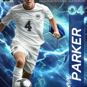 May include: A young soccer player in a white uniform with the number 4, dribbling a soccer ball. The background features a blue and white graphic with the text "2025 Lakeside Lions 04" and the name "Isaac Parker". The image has a dynamic, action-oriented feel.