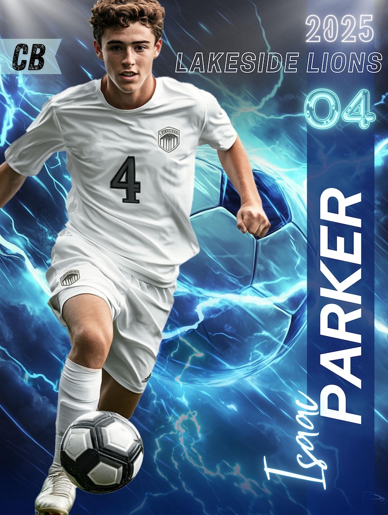 May include: A young soccer player in a white uniform with the number 4, dribbling a soccer ball. The background features a blue and white graphic with the text "2025 Lakeside Lions 04" and the name "Isaac Parker". The image has a dynamic, action-oriented feel.