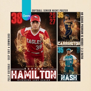 May include: Softball senior night poster featuring three players in action. The poster includes the text "EAGLES 38" and "HAMILTON" in bold lettering. The poster also includes the text "FULLY EDITABLE - EASY EDIT & DOWNLOAD".