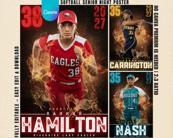 Softball Senior Night Poster Fiery Flames Template, Editable Canva Sports Banner, Softball Player Memory Mate, Digital