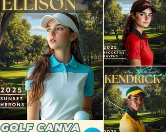 May include: A golf Canva template with three different designs. Each design features a golfer in a golf pose with their name and team information. The designs are in a green, white and blue colour scheme.