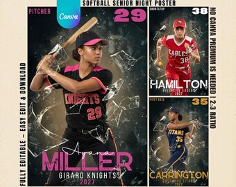 Softball Senior Night Shattered Glass Poster, Editable Canva Sports Breakthrough Banner, Softball Player Memory Mate