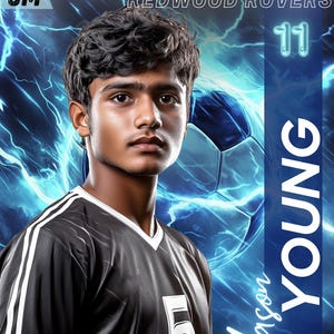 May include: A young man in a black and white soccer jersey with the number 5. The image includes the text "Redwood Rovers 2025" and "Mason Young". A soccer ball and blue lightning effects are in the background.