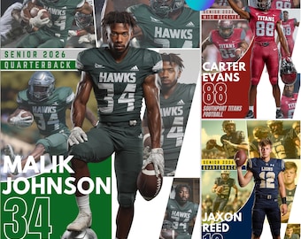 May include: A collage featuring football players in action. The central figure, Malik Johnson, is wearing a green and white uniform with the number 34. Other players are in red and blue uniforms. Text includes "Senior 2026 Quarterback" and team names.