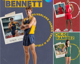Poster per la serata di atletica leggera per gli anziani / Layout di collage di foto con modello Canva personalizzato / Banner di laurea per atleti modificabile e ricordo di sport di squadra