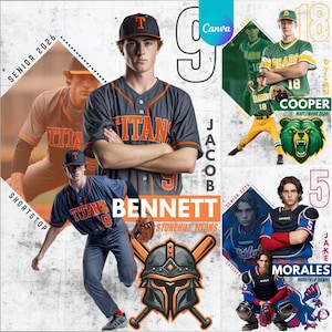 May include: A collage featuring baseball players in team uniforms. The image includes the names "Jacob Bennett", "Dylan Cooper", and "Jake Morales", along with team logos and the text "Senior 2026". The color scheme includes orange, blue, green, and gray.