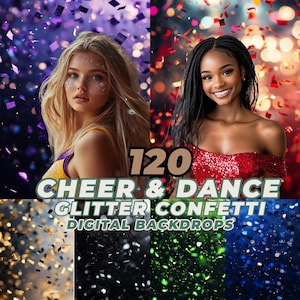 May include: 120 digital backdrops featuring cheer and dance themed glitter and confetti. The backdrops are in various colors, including purple, red, gold, green, and blue.