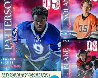 Könnte beinhalten: Eine Hockey-Spieler-Sportkartenvorlage mit rotem, rosa und violettem Hintergrund. Die Vorlage enthält den Namen des Spielers, die Nummer, die Position und das Team. Der Text "HOCKEY CANVA TEMPLATE" befindet sich am unteren Rand der Vorlage.
