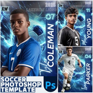 May include: Soccer Photoshop template featuring three players in action. The template includes the text "Lakeside Lions" and "Redwood Rovers" with player names and numbers. The design incorporates a blue and white color scheme with lightning bolt effects.