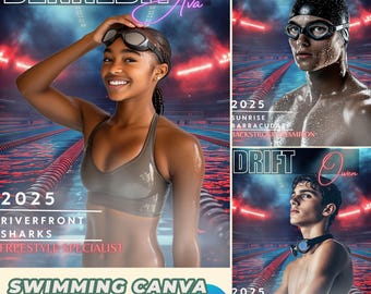 May include: A swimming Canva template with a blue pool background and red neon lights. The template features a swimmer in the center with the text "BENNEDIT Ava" at the top. The text "2025 RIVERFRONT SHARKS FREESTYLE SPECIALIST" is at the bottom. The template also includes the text "SWIMMING CANVA TEMPLATE Canva" at the bottom.